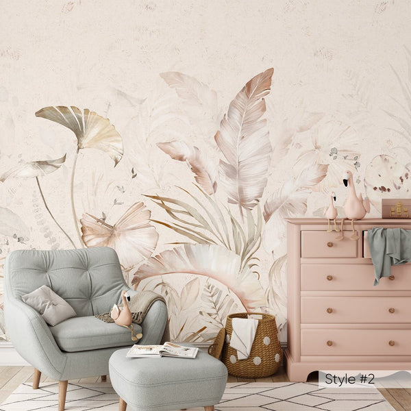 Tropical Pastel Palm Leaves Wall Mural WM017 - CostaCover - Peel and stick Removable Wallpaper - baby bedroom - bedroom interior - bedroom wallpaper