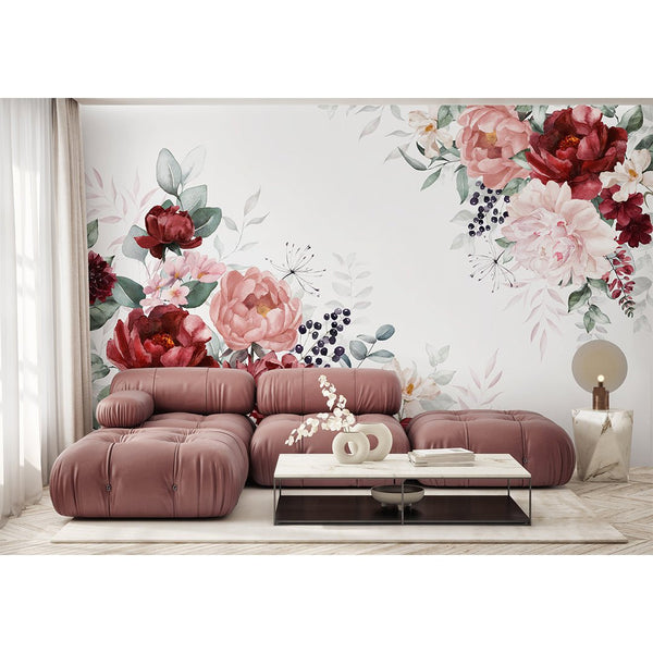 Pink Burgundy Flowers Bouquet Wall Mural SM028 - CostaCover - Peel and stick Removable Wallpaper - accent wallpaper - adhesive wallpaper - bathroom wallpaper