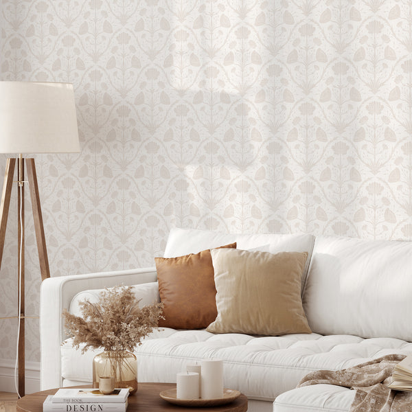 Heritage-inspired floral wallpaper with subtle linen texture, perfect for creating a warm and inviting atmosphere in a bedroom or living room.