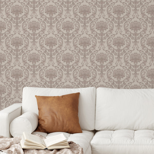Beige wallpaper with large floral medallions, perfect for creating a vintage accent wall in dining spaces. The muted dusty rose and taupe tones provide a romantic touch, enhancing traditional and French country interiors.
