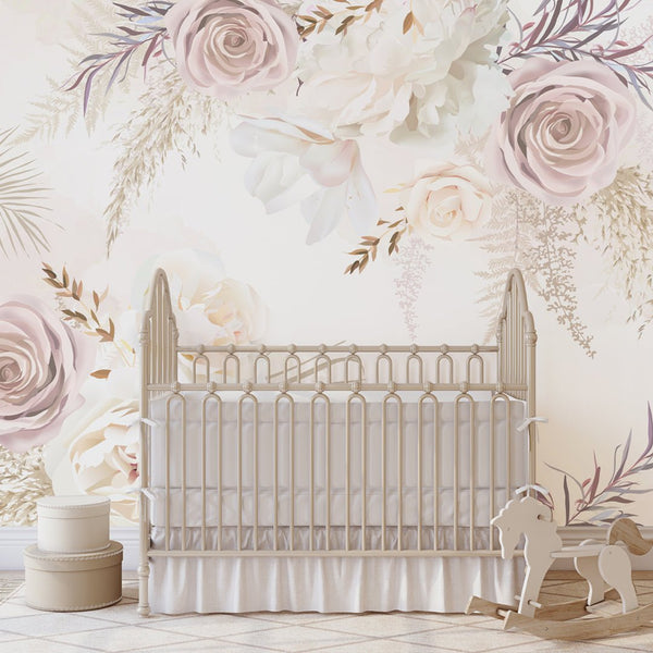 White & Soft Pink Flowers Wall Mural WM007 - CostaCover - Peel and stick Removable Wallpaper - baby bedroom - bedroom interior - bedroom wallpaper