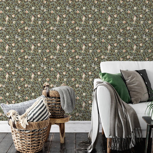 Green Bird & Pomegranate by Morris Wallpaper W085 - CostaCover - Peel and stick Removable Wallpaper - abstract floral - abstract wall art - abstract wallpaper