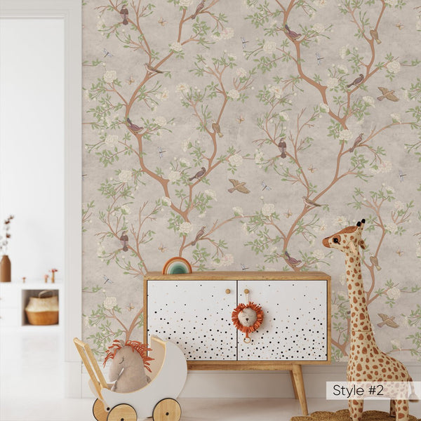 Green Blossom Trees & Birds Wallpaper W056 - CostaCover - Peel and stick Removable Wallpaper - abstract wallpaper - adhesive wallpaper - baby bedroom