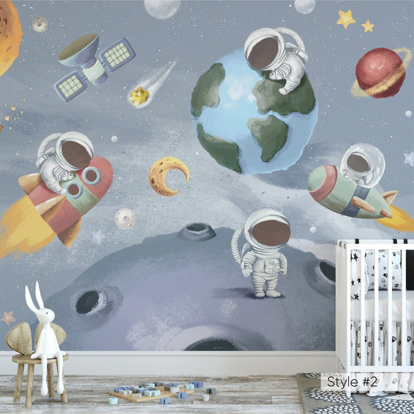 Space World & Astronauts Wall Mural WM077 - CostaCover - Peel and stick Removable Wallpaper - abstract wallpaper - adhesive wallpaper - aqua blue
