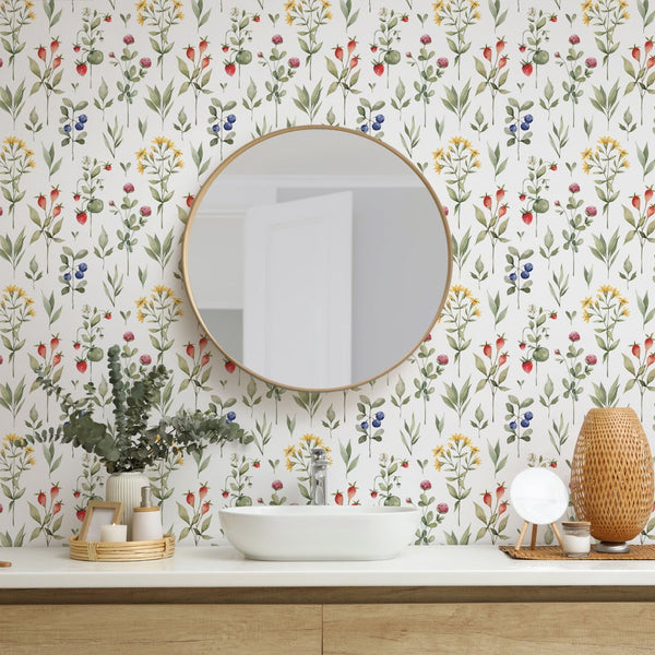 Yellow Flowers & Berries Wallpaper W075 - CostaCover - Peel and stick Removable Wallpaper - abstract wallpaper - accent wallpaper - adhesive wallpaper