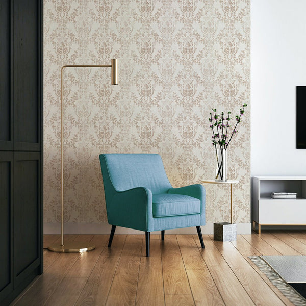 Elegant Rococo wallpaper in muted beige and brown, perfect for creating a classic European ambiance in a formal setting. Self-adhesive and easy to reposition.
