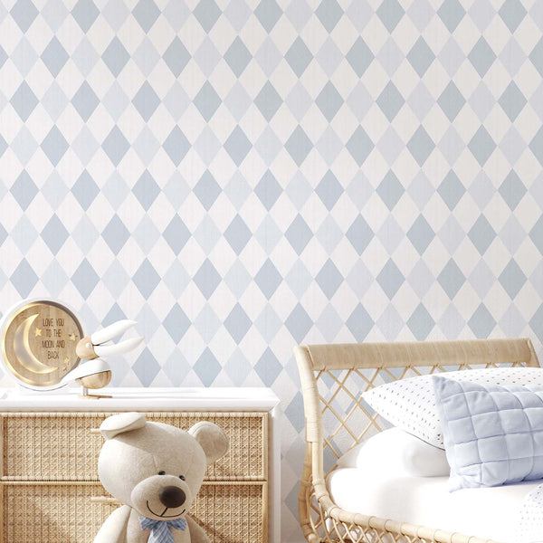 Pale blue wallpaper with a precise diamond grid. Adds subtle texture to home offices or nurseries. Temporary design solution with removable options for renters and decorators