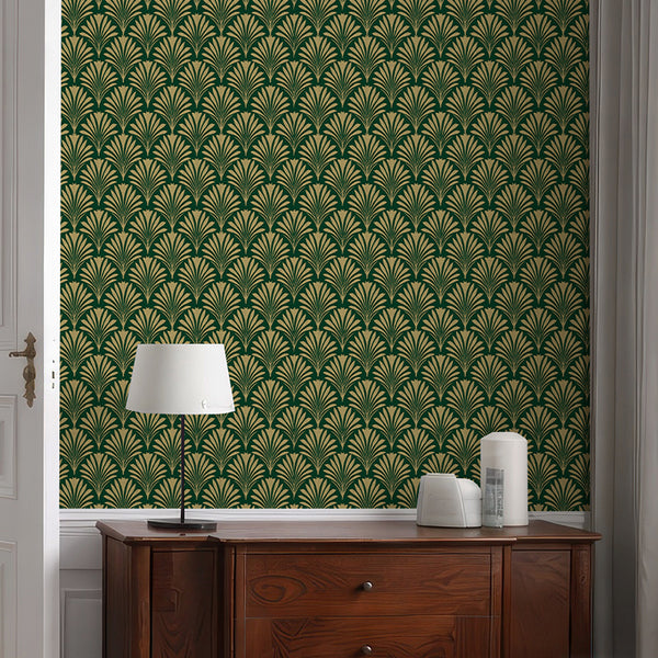 Emerald Green Botanical Art Deco Wallpaper L020