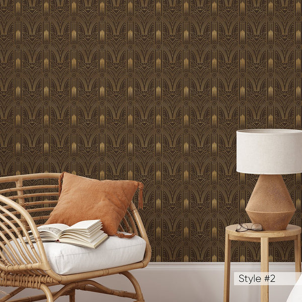 Blue Brown Gold Art Deco Wallpaper CC320 - CostaCover - Peel and stick Removable Wallpaper - Abstract Beige Gold Stripes Waves Removable Wallpaper near me - accent wallpaper - adhesive wallpaper
