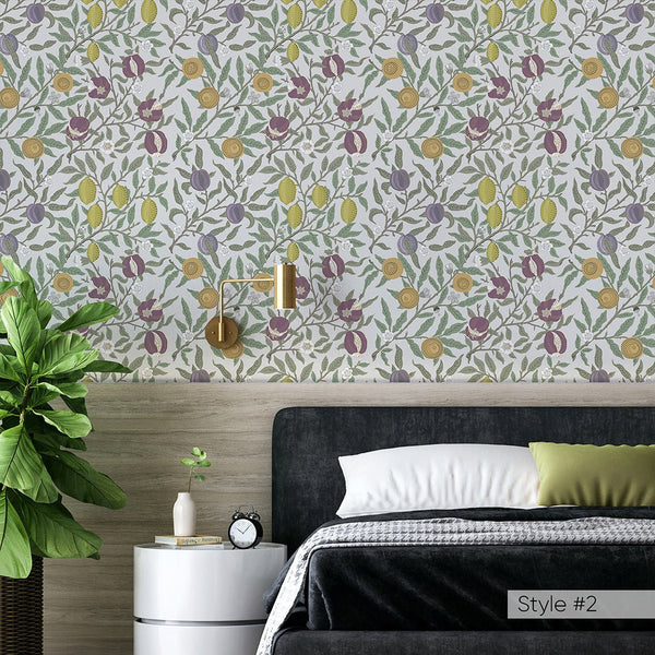 Green & White Fruit or Pomegranate by Morris Wallpaper W115 - CostaCover - Peel and stick Removable Wallpaper - abstract floral - abstract wall art - abstract wallpaper
