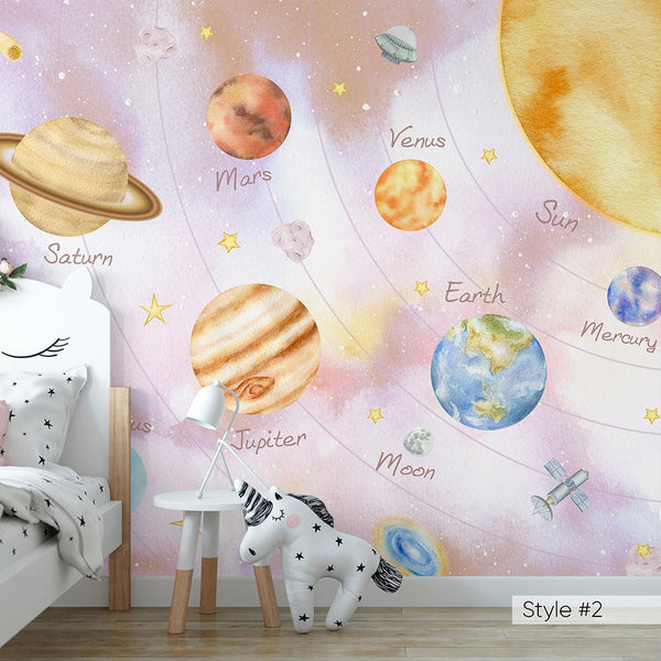 Blue Pink Solar System Wall Mural WM080 - CostaCover - Peel and stick Removable Wallpaper - abstract wallpaper - accent wallpaper - adhesive wallpaper