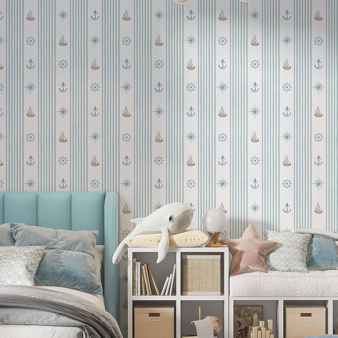 Turquoise Stripe & Sailboat Wallpaper A070