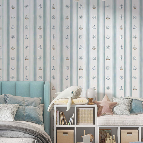 Turquoise Stripe & Sailboat Wallpaper A070 - CostaCover-Peel and stick Removable Wallpaper-abstract wall art-abstract wallpaper-accent wallpaper