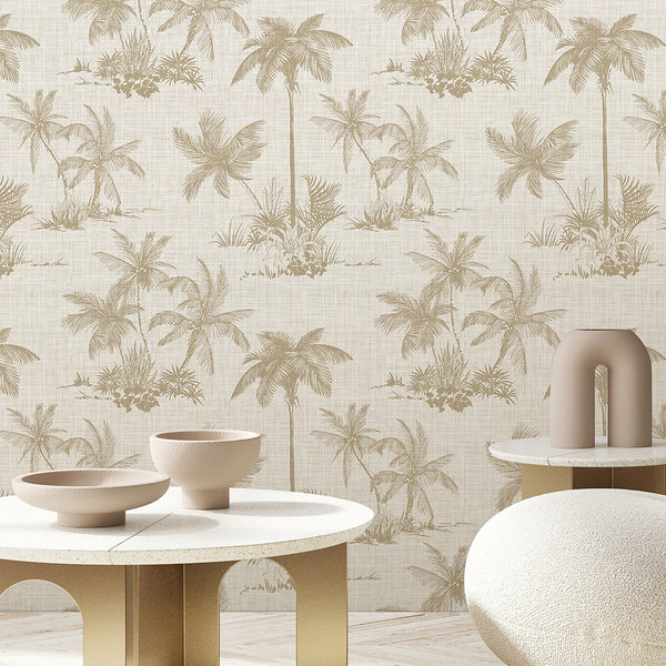 Beige Tropical Palm Toile Wallpaper A125