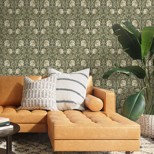 Elegant botanical wallpaper with cream pimpernel and yellow flowers on a sage lattice, perfect for an English cottage style bedroom or home office.