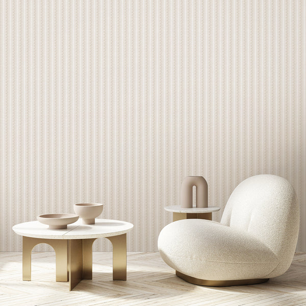 Cottagecore wallpaper in warm beige with repeating floral stripe columns, taupe linework, and a subtle textured look that suits farmhouse and French country interiors.