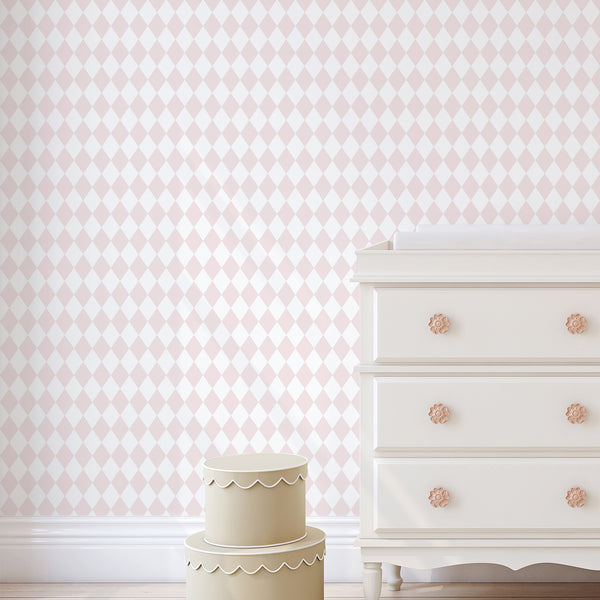 Soft pastel pink geometric wallpaper with tight rhombus repeat, creating a gentle, consistent texture. Perfect for accent walls in children’s bedrooms, this high-quality removable material is easy to apply.