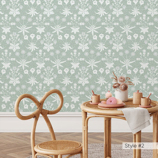 Pink Green Daisy by Morris Wallpaper W131 - CostaCover - Peel and stick Removable Wallpaper - abstract floral - abstract wall art - abstract wallpaper