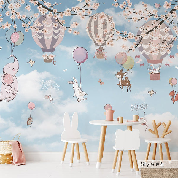 Cute Animals & Sakura Wall Mural CCM155 - CostaCover - Peel and stick Removable Wallpaper - abstract wall art - adhesive wallpaper - air balloon