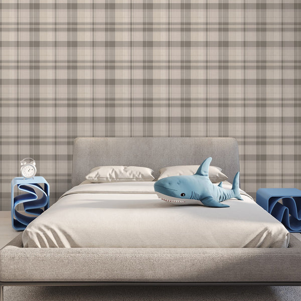 Timeless plaid wallpaper with intersecting bands of beige, taupe, and muted gray, creating a cozy checkered look. Ideal for a bedroom or nursery, this removable peel and stick wallpaper offers a subtle linen texture and eco-friendly design. For teen and kids room