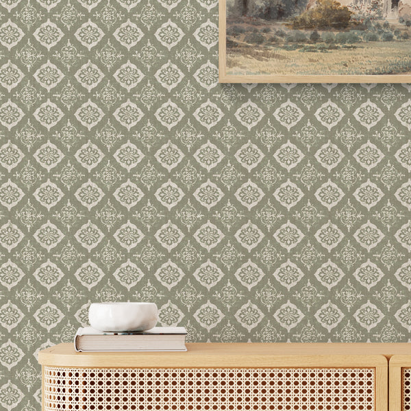 Sage Green Damask Medallion Wallpaper L084