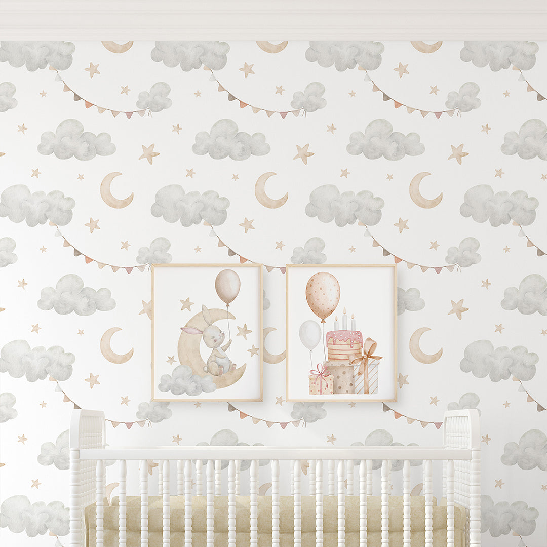 Clouds Moon & Bunting Wallpaper S112