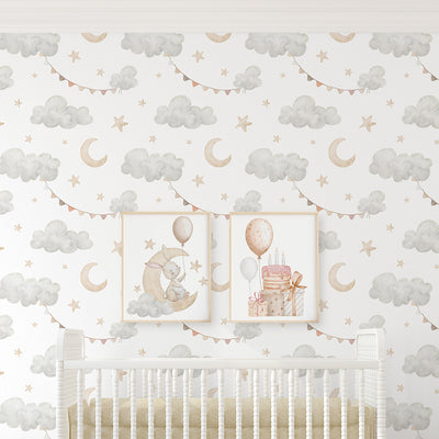 Clouds Moon & Bunting Wallpaper S112