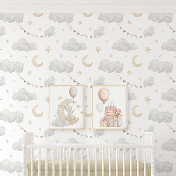 Clouds Moon & Bunting Wallpaper S112 - CostaCover - Peel and stick Removable Wallpaper - accent wallpaper - adhesive wallpaper - baby bedroom