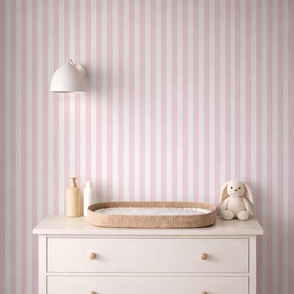 Light pink striped wallpaper with pale blush and off-white vertical bands, creating a tidy rhythm ideal for nurseries or kids' bedrooms. This self-adhesive wallpaper is removable and eco-friendly, perfect for modern and traditional interiors.