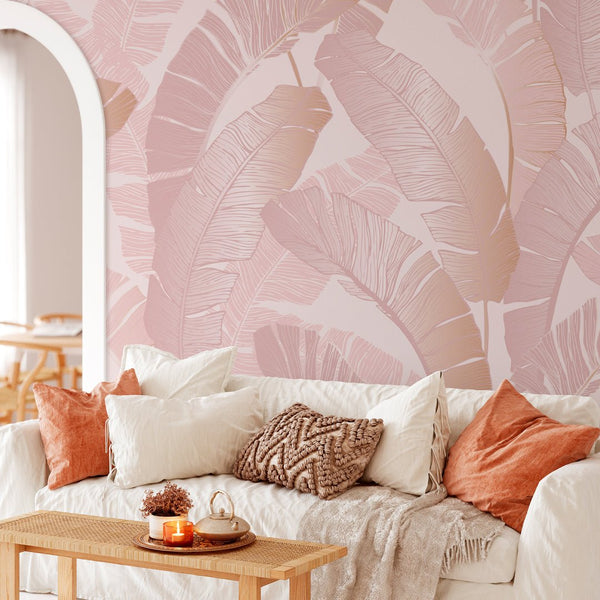 Pink Banana Leaves Wall Mural CCM122 - CostaCover - Peel and stick Removable Wallpaper - adhesive wallpaper - banana leaves - Banana leaves wallpaper