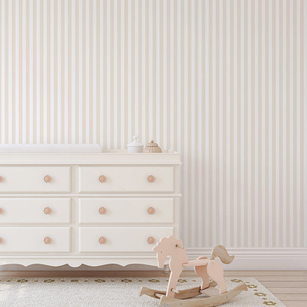 Slim beige striped wallpaper with crisp, straight edges offers a light neutral backdrop for modern interiors. This temporary wallpaper is easy to install and remove, suitable for nurseries and compact spaces desiring a serene atmosphere.