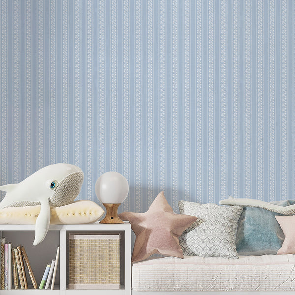 Elegant blue and white floral striped wallpaper designed for cottage, coastal, farmhouse, and French country interiors, creating a soft, bright, and welcoming space.