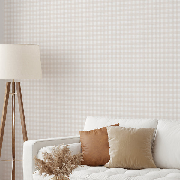 Classic neutral plaid wallpaper featuring warm beige checks, intersecting stripes, and subtle diagonal details for a nursery, bedroom, or living room.