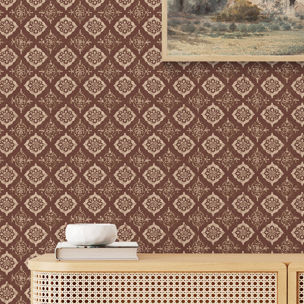 Terracotta Damask Medallion Wallpaper L083