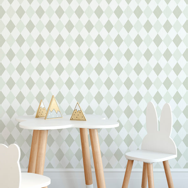 Sage green geometric wallpaper featuring a neat rhombus lattice. Perfect for modern Scandinavian interiors. Self-adhesive and easy to reposition, ideal for renters and decorators.