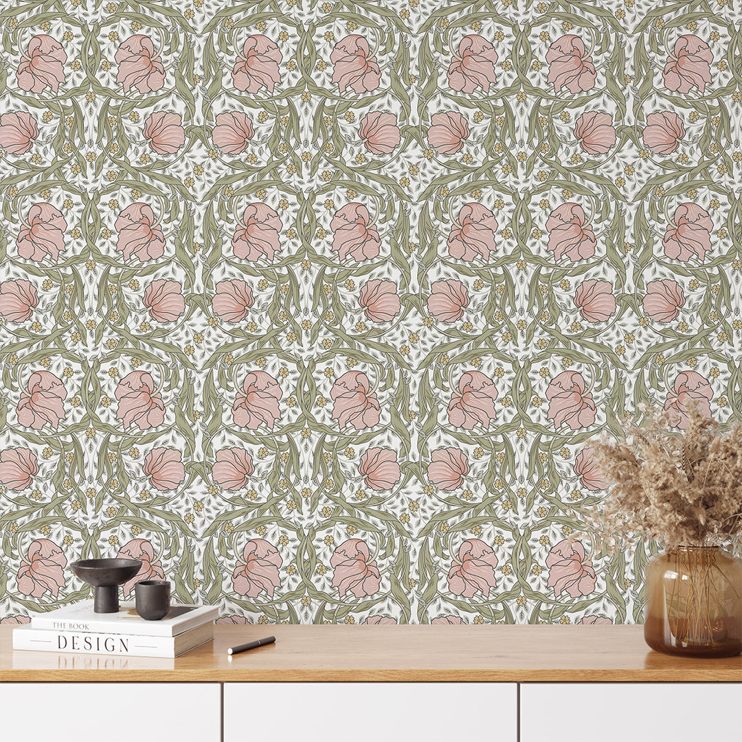 Light Pink & Green Pimpernel by Morris Wallpaper W166