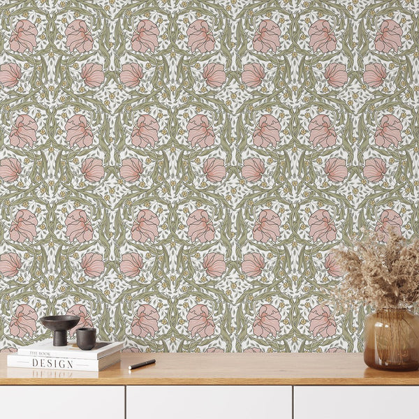 Light Pink & Green Pimpernel by Morris Wallpaper W166 - CostaCover - Peel and stick Removable Wallpaper - accent wallpaper - adhesive wallpaper - bathroom wallpaper