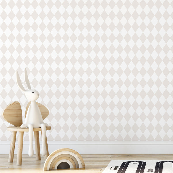 Neutral geometric wallpaper with a pastel beige diamond lattice design, offering a calm and uncluttered aesthetic. Subtle tonal shading enhances its refined look, suitable for kids, bedrooms and home offices. This eco-friendly, removable wallpaper is a great choice for decorators seeking temporary design solutions