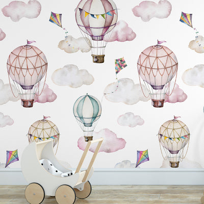 Pink Air Balloons and Clouds Self Adhesive Wallpaper W072