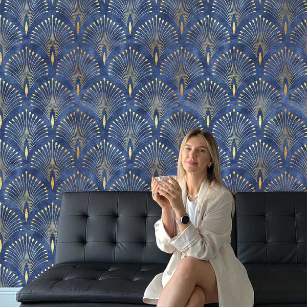 Blue Gold Art Deco Wallpaper CC286 - CostaCover - Peel and stick Removable Wallpaper - abstract wallpaper - accent wallpaper - adhesive wallpaper