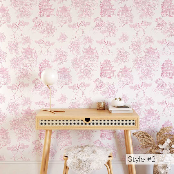 Chinoiserie Tiger Pagoda Wallpaper CC260 - CostaCover - Peel and stick Removable Wallpaper - accent wallpaper - adhesive wallpaper - adhesive wallpaper design