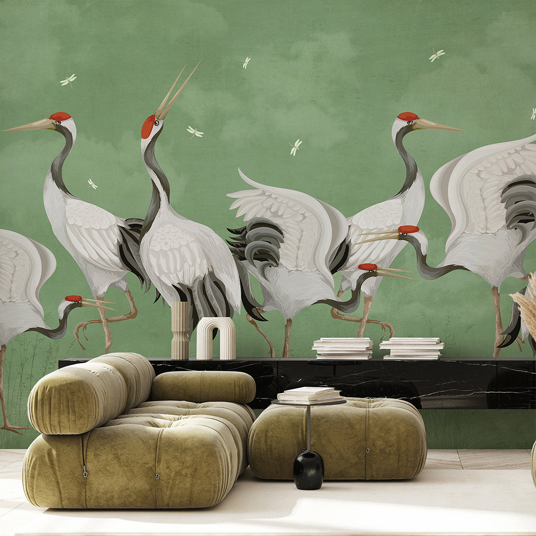 Green Japanese Cranes Wall Mural WM110