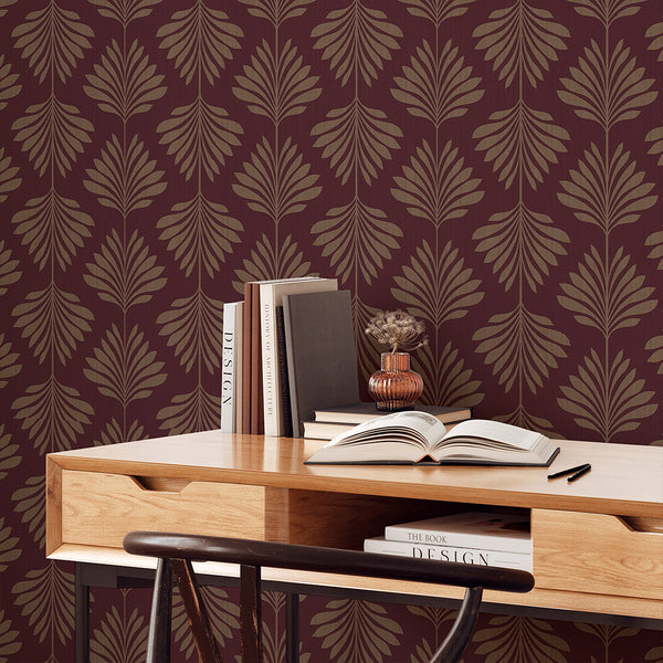 Burgundy Palm Leaf Wallpaper L016