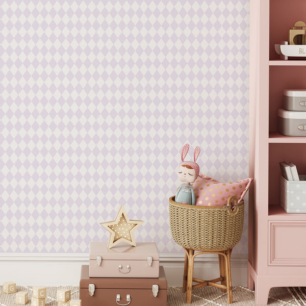 Pastel purple rhombus wallpaper featuring crisp geometric edges and consistent alignment. This temporary wallpaper is perfect for creating a refined, textured backdrop in a child’s room or hallway.