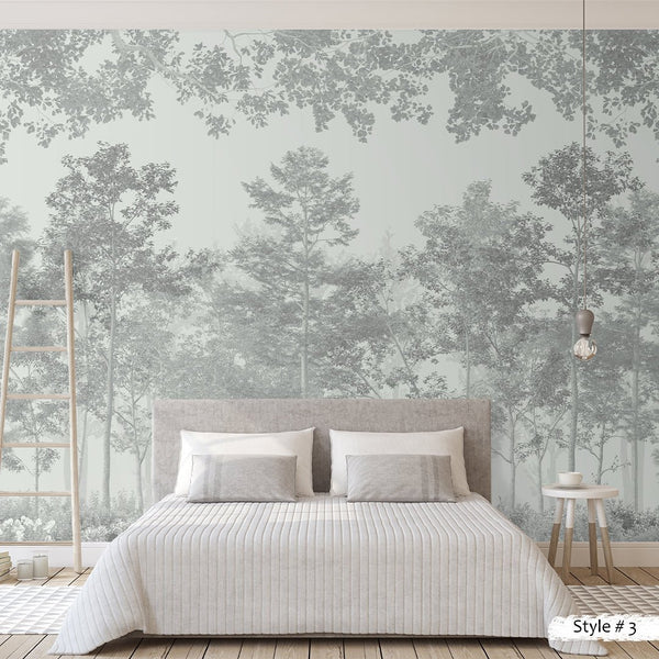 Layered tree trunks and delicate canopies in muted tones create a calming forest scene, perfect for modern bedrooms or hallways. High-quality removable material, ideal for decorators.