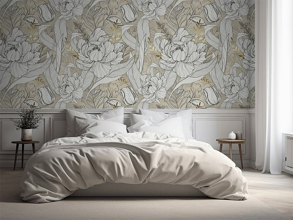 Beige, Black & Gold Flowers Wall Mural CCM158 - CostaCover - Peel and stick Removable Wallpaper - abstract wallpaper - accent wallpaper - adhesive wallpaper