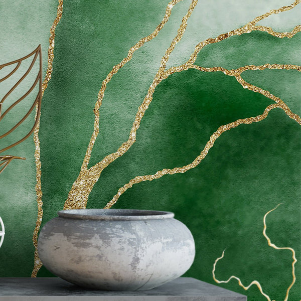 Green Gold Leaves Wall Mural CCM014 - CostaCover - Peel and stick Removable Wallpaper - Abstract - abstract lines - abstract wall art