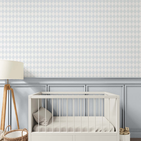 Close-up of pastel blue rhombus wallpaper showcasing orderly vertical rows of diamonds. The gentle, matte texture and soft colors make it a calming choice for children's rooms or hallways. Easy to apply and reposition, this temporary wallpaper suits renters and decorators seeking a subtle geometric pattern.