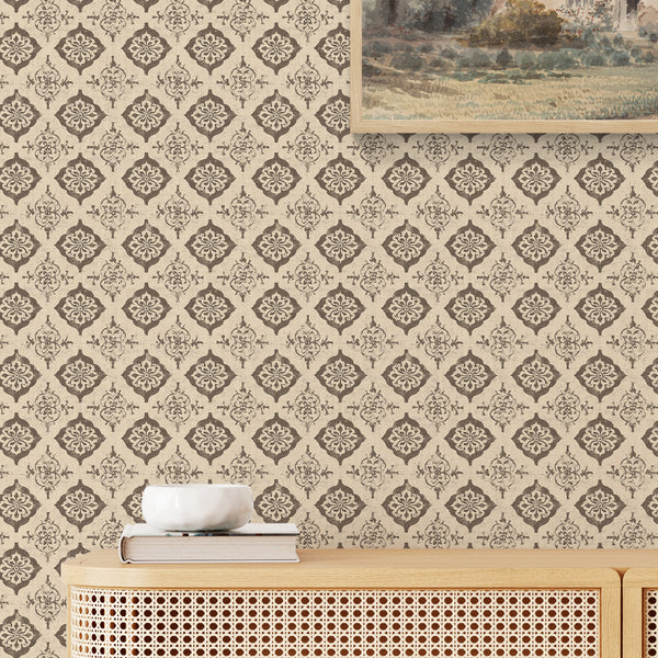 Taupe Beige Damask Medallion Wallpaper L086