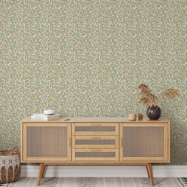 Green Bird & Pomegranate by Morris Wallpaper W084 - CostaCover - Peel and stick Removable Wallpaper - abstract floral - abstract wall art - abstract wallpaper